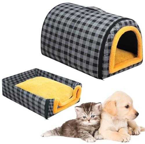 KBIBCK Cat Cave Bed, 2-in-1 Convertible Pet Bed with Removable Cushion Roof Hood & Carry Handles, 45x35 CM Self-Warming Foldable Plush Pet Beds, Waterproof Cat Igloo House Pet Tent for Indoor Outdoor