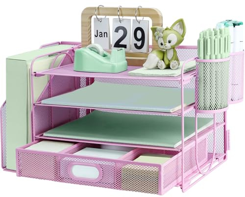 3 Tier Desk File Organiser with Extra Vertical File Sorter, Paper Letter Tray with Top Stationery Drawer Holder, A4 Paper Desktop Filing Trays, Magazine Document Holder for Home Office, Pink