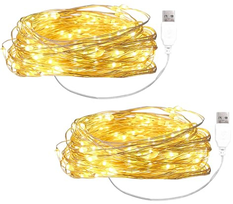 ENLACE 2 stycken LED-ljusslingor med USB, 2 m, 20 LED koppartråd, ljuskedja | Varmvit mikrotråd ljuskedjor för gör-det-själv jul, sovrum, fest, bröllop, inredning