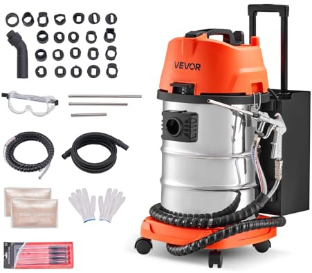 VEVOR Macchina per Pulizia della Sabbia di Noce da 30 Litri e 1600 W, Macchina per Sabbiatura Fisica su Carrello per la Pulizia del Collettore di Aspirazione, Sabbiatrici di Noce con 23 Adattatori