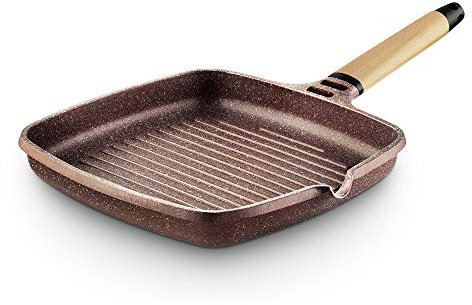 CASTEY - Grill Asador de Inducción Castey, Modelo YG27, Color Terracota, Tamaño 27 cm, Mango de Madera de Cedro, Revestimiento Antiadherente, sin PFOA, Base Full Induction, Apta para Todas las Cocinas