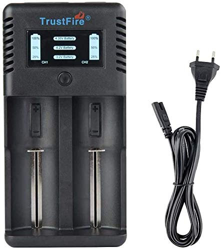 TrustFire TR-019 32650 26650 18650 Cargador de batería Inteligente - 2 Ranuras para 25500/21700/20700/18350/16650/14500 baterías, AC 100-240V/5.5mm DC 12V (batería no incluida)