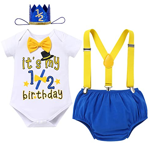 Infant Baby Boy 1/2 Half Way to One Birthday Party Outfit Cake Smash Outfit Bowtie Romper+Diaper Cover Pants+Y-Back Suspenders + Birthday Hat 4PCS Set Gentleman Clothes Photo Shoot White+bule+1/2 6M