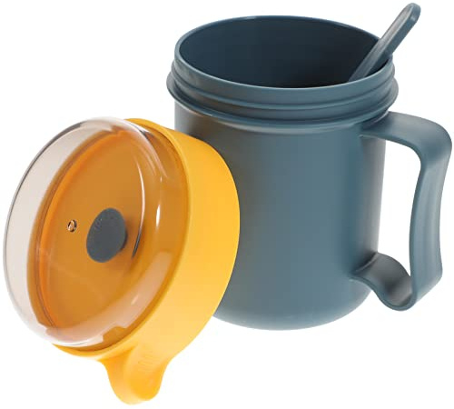 Cabilock Microwave Safe Breakfast Cup with Lid and Spoon 5.43 Inch Portable Soup Cup with Non-Slip Handle for Cereal Milk and Noodles Home Use