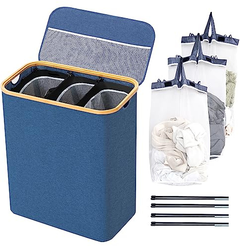 BRIAN & DANY Cesto para la colada con 3 compartimentos con tapa, sistema de clasificación de ropa, extraíble, impermeable, plegable, estrecha, 145 l, para la familia, XXL, azul