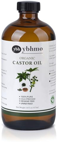YBHMO Cold Pressed Castor Oil Organic Glass Bottle(16 Fl Oz),100% Pure ，Hexane Free for Hair Growth & Care, Castor oil pack & Moisturize Body Skin