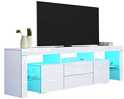 Chebinsiti 200CM LED TV Cabinet, Modern High Gloss TV Stand Cabinet, White