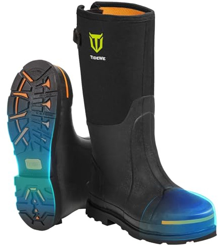 TIDEWE Rubber Work Boot for Men with Steel Toe & Shank, Waterproof Anti Slip Hunting Boot, 6mm Neoprene Hunting Boot for Manufacturing, Construction, Farming, Black, Size 8