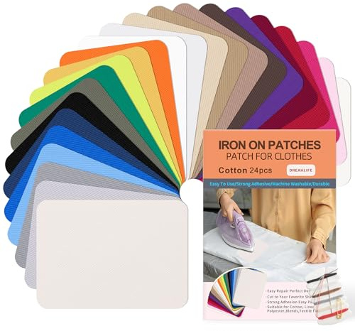 Parches para Ropa Termoadhesivos, 24 Piezas Tela de Parches de Jean, Algodón Plancha Interior & Exterior Kit de reparación para Chaquetas, Vaqueros, Pantalones 7.5 cm x 10.5 cm(Multicolor)