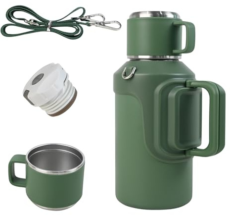 MIGHTYDUTY 1,5L Bouteille Isotherme Gourde Inox 316, 24h Chaude & Froide, Gourde Isotherme avec Tasse, Poignée, Passoire à Thé & Bandoulière, Vert 1,5L