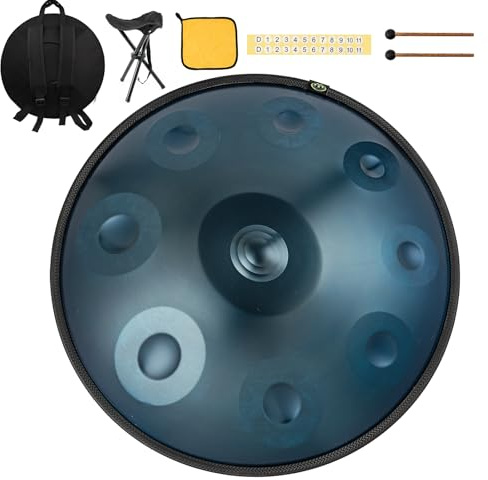 Instrumento handpan 440 Hz Re menor 22 pulgadas hand pan steel drum hand drum 9 notas 10 notas 12 notas Tambor de lengüeta de acero premium para meditación y relajación (azul, 9Y)