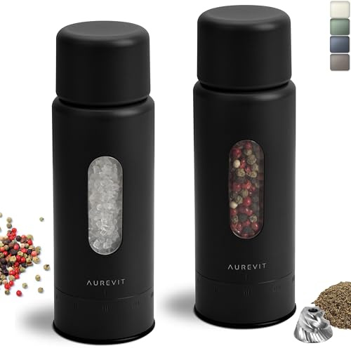Aurevit Macina Sale e Pepe Manuale, Macinapepe con Gruppo di Macinatura in Acciaio Inox, Macinasale con Nucleo in Ceramica, Regolazione Esterna 5 Livelli, Riempimento Manuale (Set 2 Pezzi, Black)