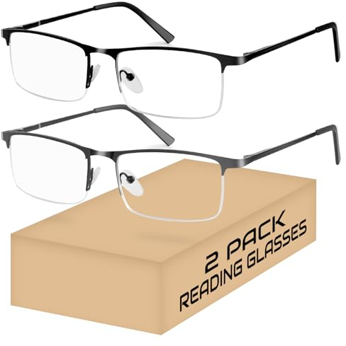 2 Pack Anti-Blue Light Reading Glasses for Men - Half-Frame Metal Readers with UV400 Protection, Reduce Eye Strain & Headaches from Screen Use, Lightweight Classic Design, Black and Grey (1.25x)