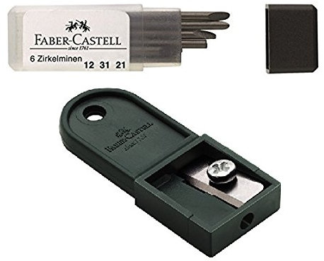 Faber-Castell Zirkelminendose, Ersatzminen für Zirkel universal im Set mit Minenspitzer für Fallminen (6er Dose + Spitzer)