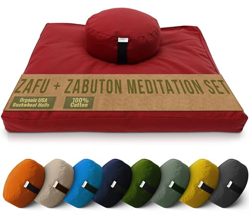 Bean Products Meditation Cushion Mat Set - Round Zafu Floor Pillow Organic Buckwheat Pillow + Cotton Filled Zabuton Prayer Pad - Meditation Cushion Yoga Knee Pad - Made in USA - 14 Round, RED Cotton
