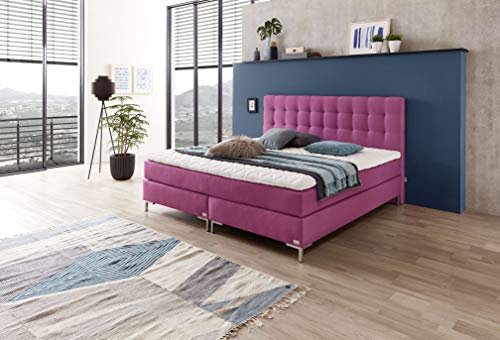 boxspringbettenshop24.de - Boxspring Bett WELCON Rockstar - Luxus Boxspringbett 180x200 Härtegrad H3 in pink rosa inkl. Topper - günstig vom Hersteller - extra hohes Design Kopfteil - über 1000 Federn