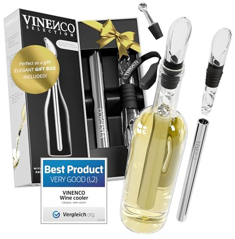 VINENCO Weinkühler Set DAS ORIGINAL, Flaschenkühler + Dekanter 5-in-1 Premium Wein Zubehör: Edelstahl Flaschen-Weinkühlstab + Dekantier-Belüfter + Ausgießer | Bar Geschenk Frauen Männer, Rot- Weißwein