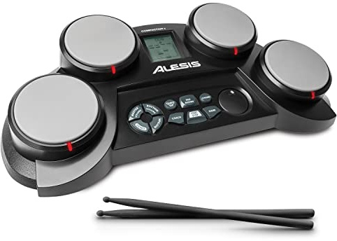 Alesis CompactKit 4 Tabletop Electric Drum Set with 70 Electronic/Acoustic Drum Kit Sounds, 4 Pads, Battery or AC-Power and Drum Sticks Included, Black, Compact Kit 4
