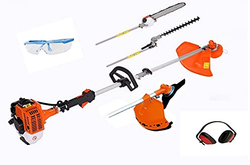 UNITED TRADE Ny 5-i-1 multifunktionell sprängtrimmer, gräsklippare, motorsåg häcksax, beskärare, trimmer, 74 cm lång stång, gratis skyddsglasögon och öronsnäckor