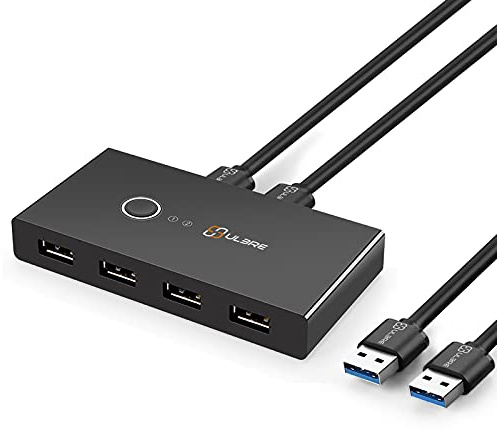 ULBRE USB 3.0 Switch Selector, 5Gbps Soho KVM Switches 4 Ports Sharing 2 Computers USB Switcher Hi-Speed Adapter Hub for Wired Mouse Keyboard PC Printer Scanner One Button