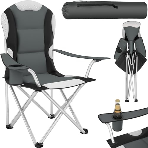 tectake® hopfällbar campingstol, 60 x 88 x 105 cm, vadderad | med dryckes & mobilhållare, vattenavvisande polyester, med bärväska, låg vikt, grå