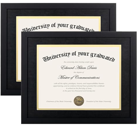 upsimples 11x14 Diploma Frame Certificate Degree Document Frame with High Definition Glass, 8.5 x 11 with Mat for Wall and Tabletop, Black, 2 Pack