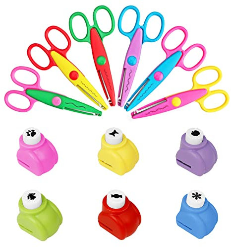 Asdirne Set mit Kinderscheren, Zackenschere für Kinder, eine Vielzahl von lustigen Motiven, enthält 6 Zickzack-Scheren für Kinder und 6 Papier-Ausstechformen