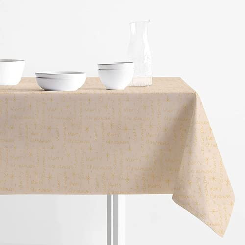 Tovaglia di Natale Antimacchia Tessuto Jacquard Stampa Moderna Merry Christmas Natalizia Lurex Idrorepellente (Oro, 140 x 230 cm)