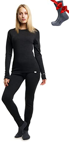 Merino.tech Merino-ull baslager kvinnor set – tungvikt, lite, medelvikt merinoull termiska underkläder för kvinnor, topp, botten, 165 Träkol, XS