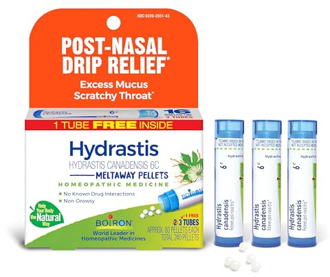 Boiron Hydrastis Canadensis 6C Homeopathic Medicine for Post-Nasal Drip Relief, Excess Mucus, Scratchy Throat - 3 Count (240 Pellets)