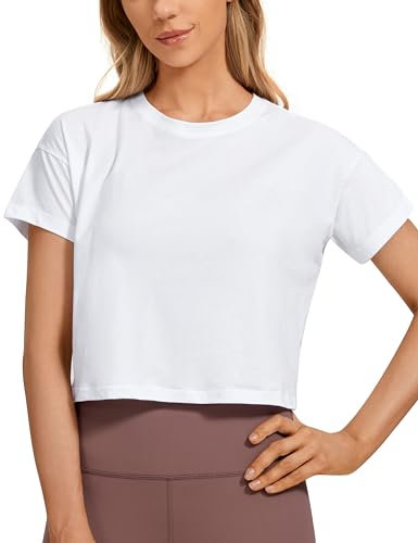 CRZ YOGA Women's Short Sleeve Yoga T-Shirts Loose Fit Sports Fitness Crop Tops Workout Casual Cropped Shirt White 10