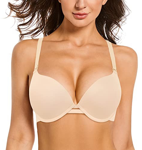 Rasback Women's Push Up Bra Add 2 Cup Sizes Super Deep V Plunge Padded Bra Comfort Support Underwire Back Smoothing Bras, Beige, 36C