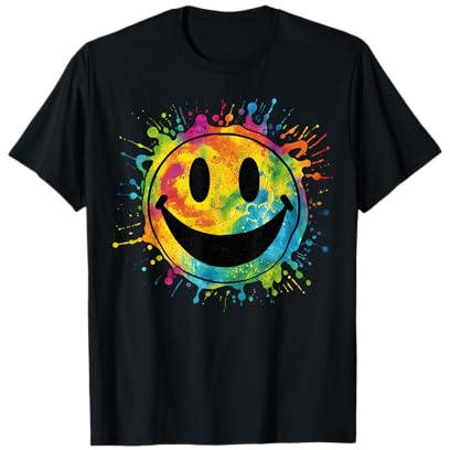 Retro Happy Face Rainbow Tie-dye Splatter – 70s Peace Smile T-Shirt