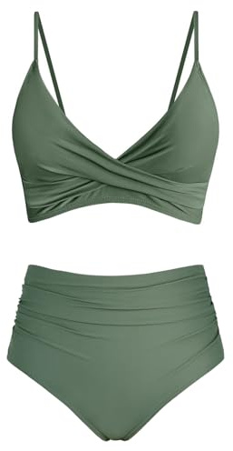Amy Babe Women's High Waisted Bikini Sets Push Up Twist Front Spaghetti Straps Ruched Two Piece Swimsuit Bathing Suit Olive (Medium)