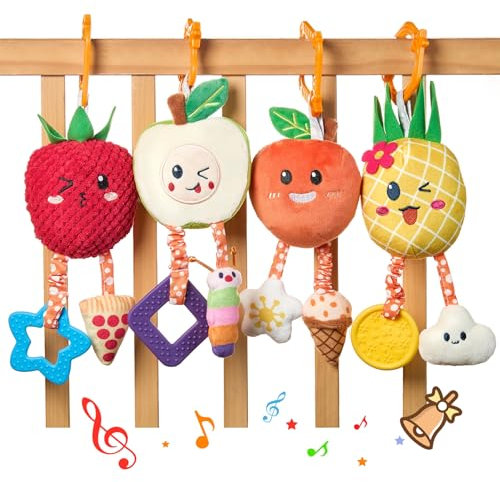 OR OR TU Baby Spielzeug 0 3 6 9 12 Monate Kinderwagenkette with Beißringen Glocke 4Stück Niedliche Früchte Baby Rassel Babyschale Babybett Kinderwagen Spielzeug für Baby Geschenk