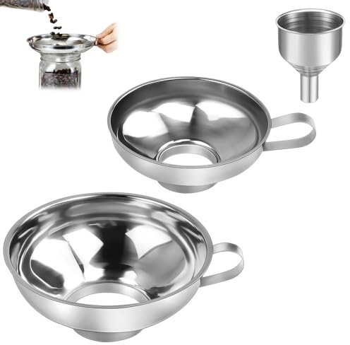 CAREDGO 3 Pcs Embudos de Acero Inoxidable con Asa Lateral, Embudo Boca 4cm, 10.5cm, 15cm, Embudo Boca Ancha, Embudos para Mermelada, Zumo, Cocina, Apto para Lavavajillas