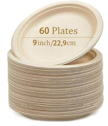 SOSINYA 60 Assiette en bagasse Jetable Rigide biodégradables compostables écologique vaisselle jetable et pratique pique-nique pique-nique restaurant 9''en fibre de canne,pour le dessert steak