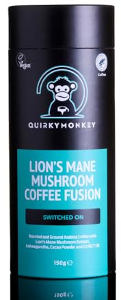 Quirky Monkey- 'Switched On' - Ground Arabica Coffee with Lion's Mane Mushroom Fusion - Energy, Focus & Clarity - with Ashwagandha, Maca, Cacao, C8 MCT Oil - Rainforest Alliance Certified - 150g Tube