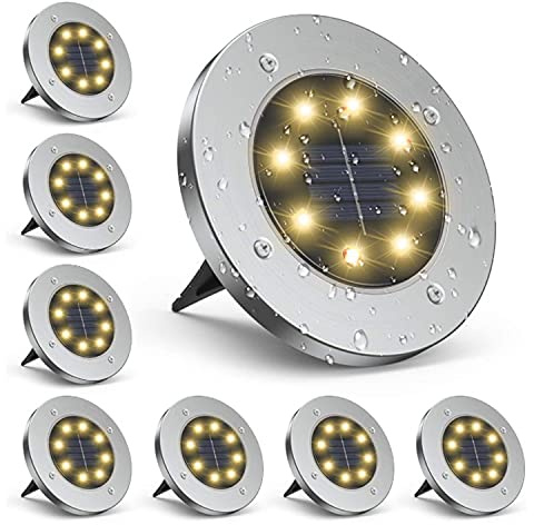 Lot de 8 lampes solaires enterrées à 8 LED en forme de disque solaire pour extérieur, étanche, pour pelouse, cour, piscine, terrasse (blanc chaud)