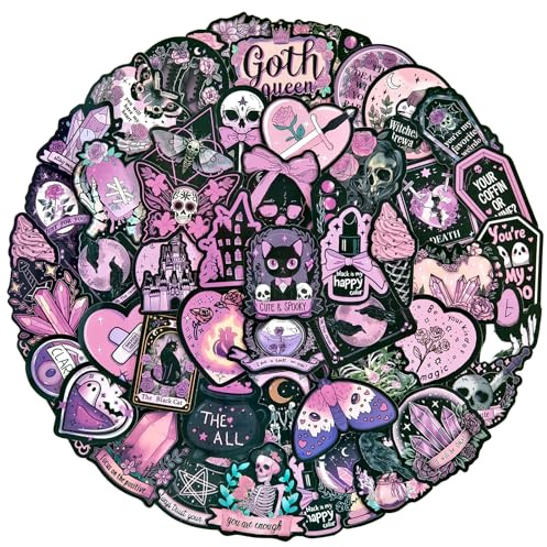 Ychsring Dark Pink Goth Stickers - 50 Pcs Gothic Skull Witchy Waterproof Vinyl Stickers for Water Bottle, Laptop, Phone Case - Graffiti Aesthetic Stickers for Adults Girls & Teens