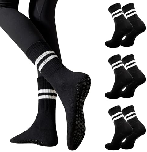 Risipu Lot de 3 paires de chaussettes antidérapantes pour femme, pour Pilates, ballet, danse, trampoline, taille unique