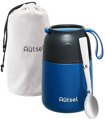 Autsel Food Flask for Cold/Hot Food, 500ml Thermal Soup Flask, Insulated Food Container, Stainless Steel Food Jar with Folding Spoon - Keep 12h Cold & Hot