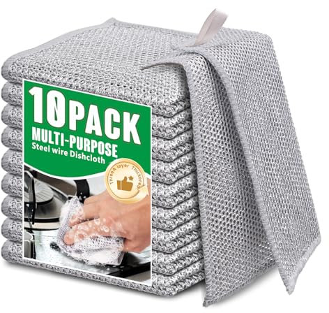 Lot de 10 chiffons de vaisselle en fil métallique multifonction anti-rayures, réutilisables, 3 couches de laine d'acier, chiffons de nettoyage miracle pour meubles de cuisine, bureau, cuisinières