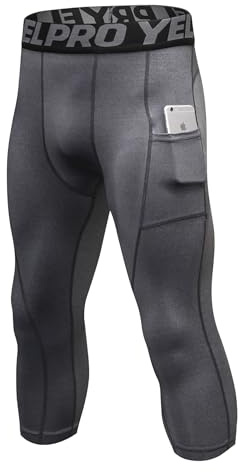 Yuerlian Grey 3/4 Compression Leggings Mens Running Tights Cool Dry Gym Quick Dry Base Layer Pants with Pockets for Sprots Workout Sparring Soccer
