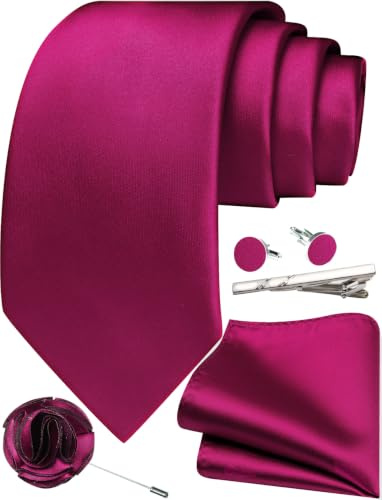 Ailisus Fuchsia Ties for Men Silk Satin Hot Pink Necktie and Pocket Square Cufflinks Tie Clip Lapel Pin Set Wedding Business 5PCS