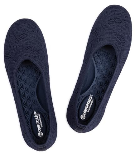 Frank Mully Flache Ballerinas für Damen, gestrickt, runde Zehenpartie, Slipper, Ballerinas für Damen, niedriger Keilabsatz, bequem, weich, 6112navy, 39 EU