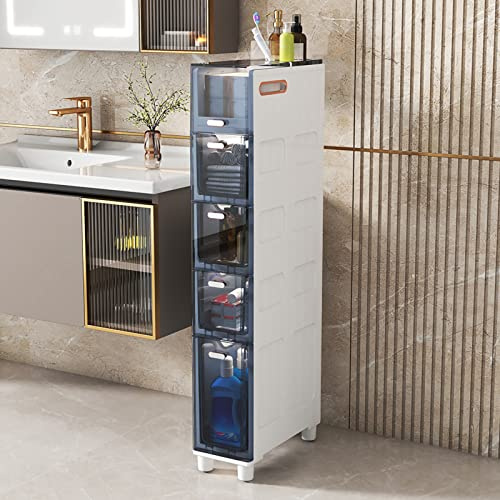 Armadietto da bagno sottile a 5 cassetti con cassetti trasparenti e ruote, alto e stretto, per articoli da toeletta e carta igienica, ideale per piccoli spazi