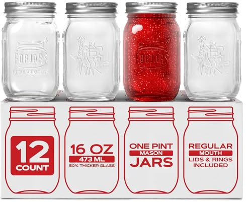 FORJARS® Premium Mason Jars with Lids – 16oz | Regular Mouth Canning Jars | 12-Pack Glass Jars for Pickling, Preserving, Meal Prep, Dry Goods, Food Storage, Pantry Storage, Freezer Safe, Airtight Seal