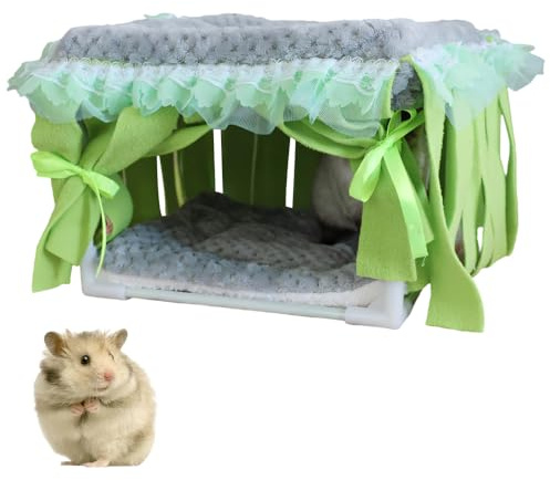 Cachette pour Cochon d'Inde, Maison d'hiver pour Cobayes, Lit de Couchage pour Petits Animaux, Maisonnette avec Rideau à Franges Confortable et Chaud pour Lapins Nains, Planeurs de Sucre et Hamsters