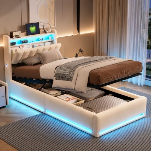 QMTXBYJ Förvaringssäng 90x200 med LED-belysning och USB, enkelsängar med hydrauliskt förvaringsutrymme och vadderad sänggavel, enkelsängar 90x200 med ribbotten, sammet (utan madrass)